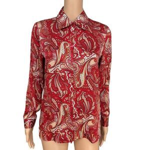 S.L.B. Vintage 100% Silk Red Paisley Button Up Blouse Retro Career size Sp